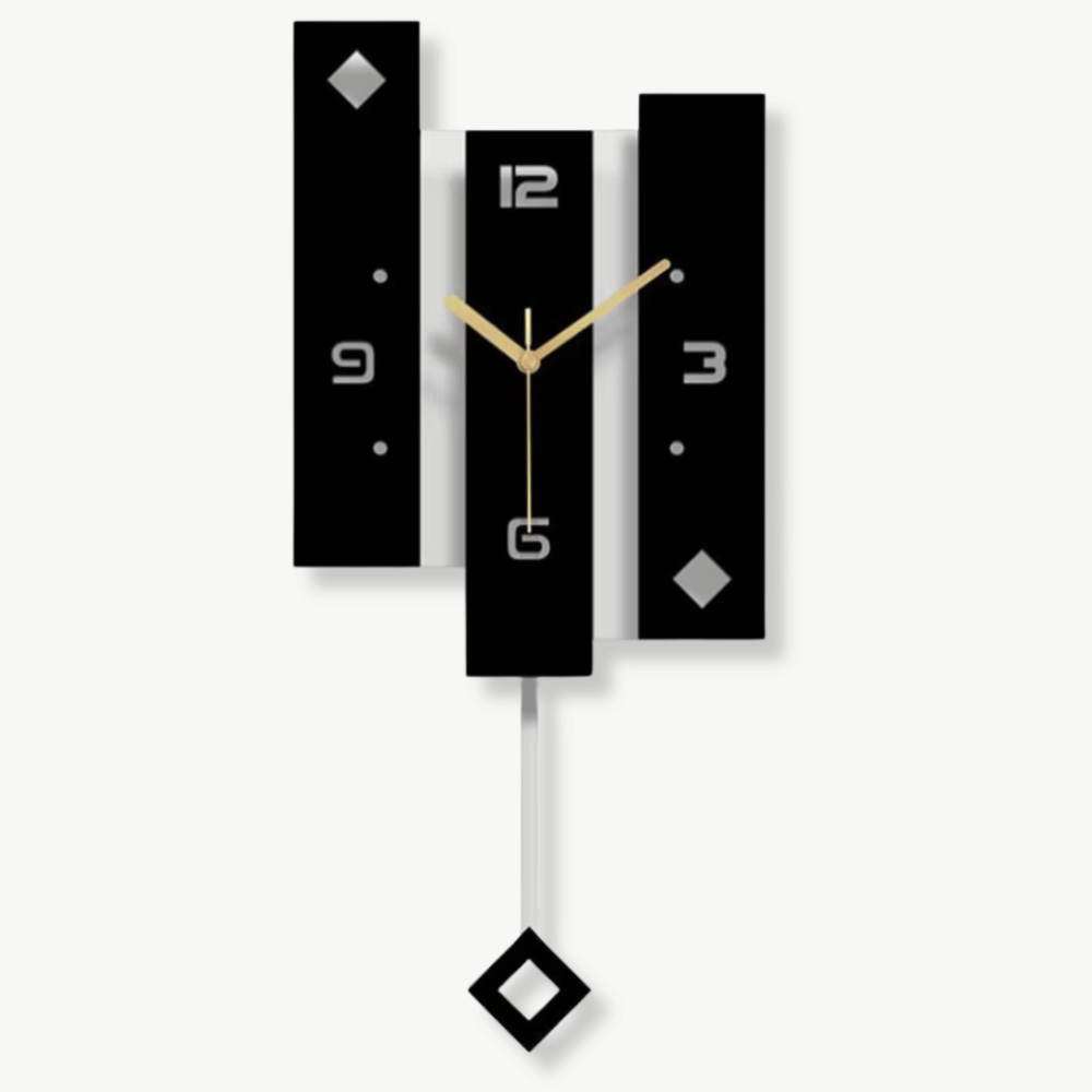 Modern acrylic pendulum wall clock with geometric design mounted on a living room wall