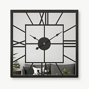 Square mirror wall clock with Roman numerals and metal frame