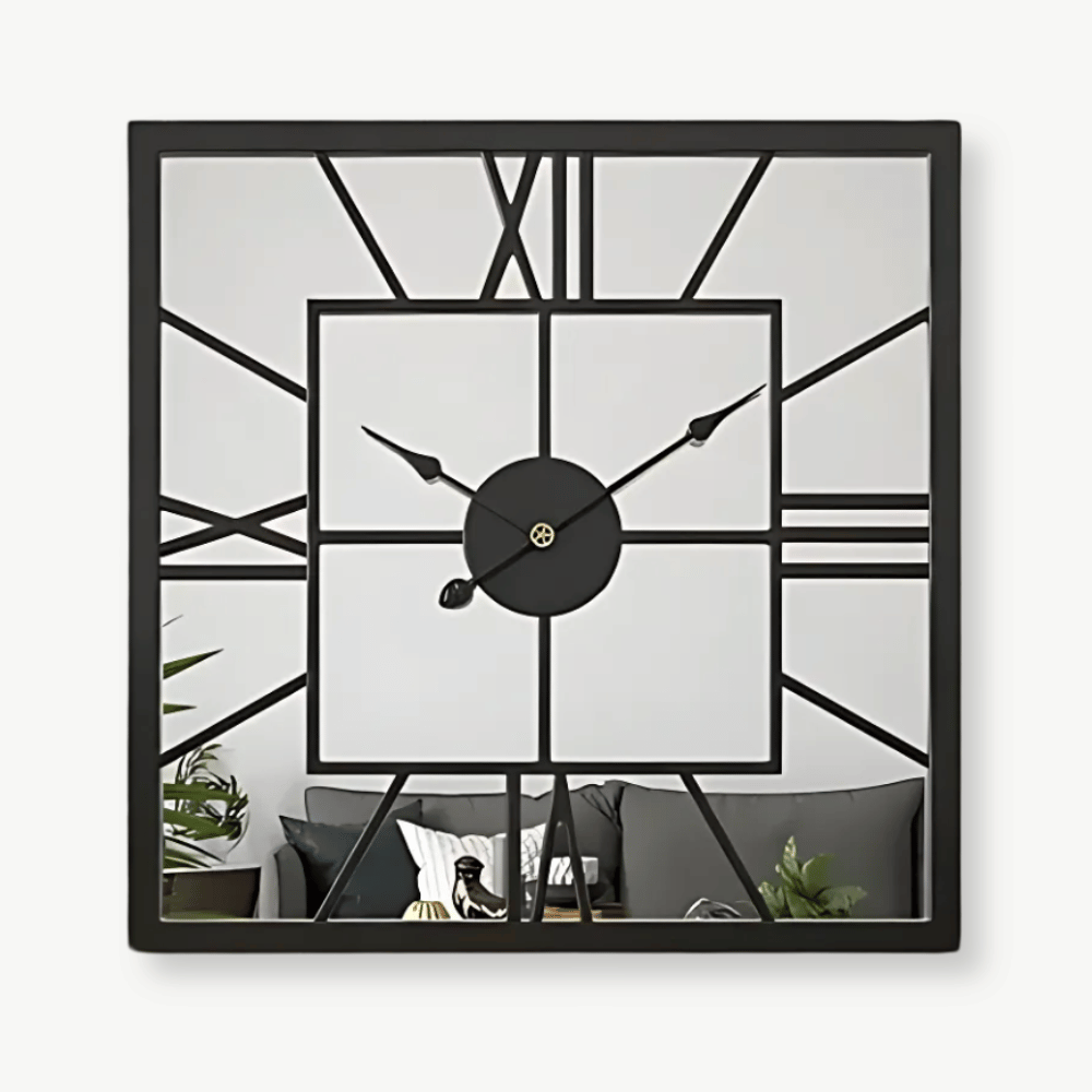 Square mirror wall clock with Roman numerals and metal frame