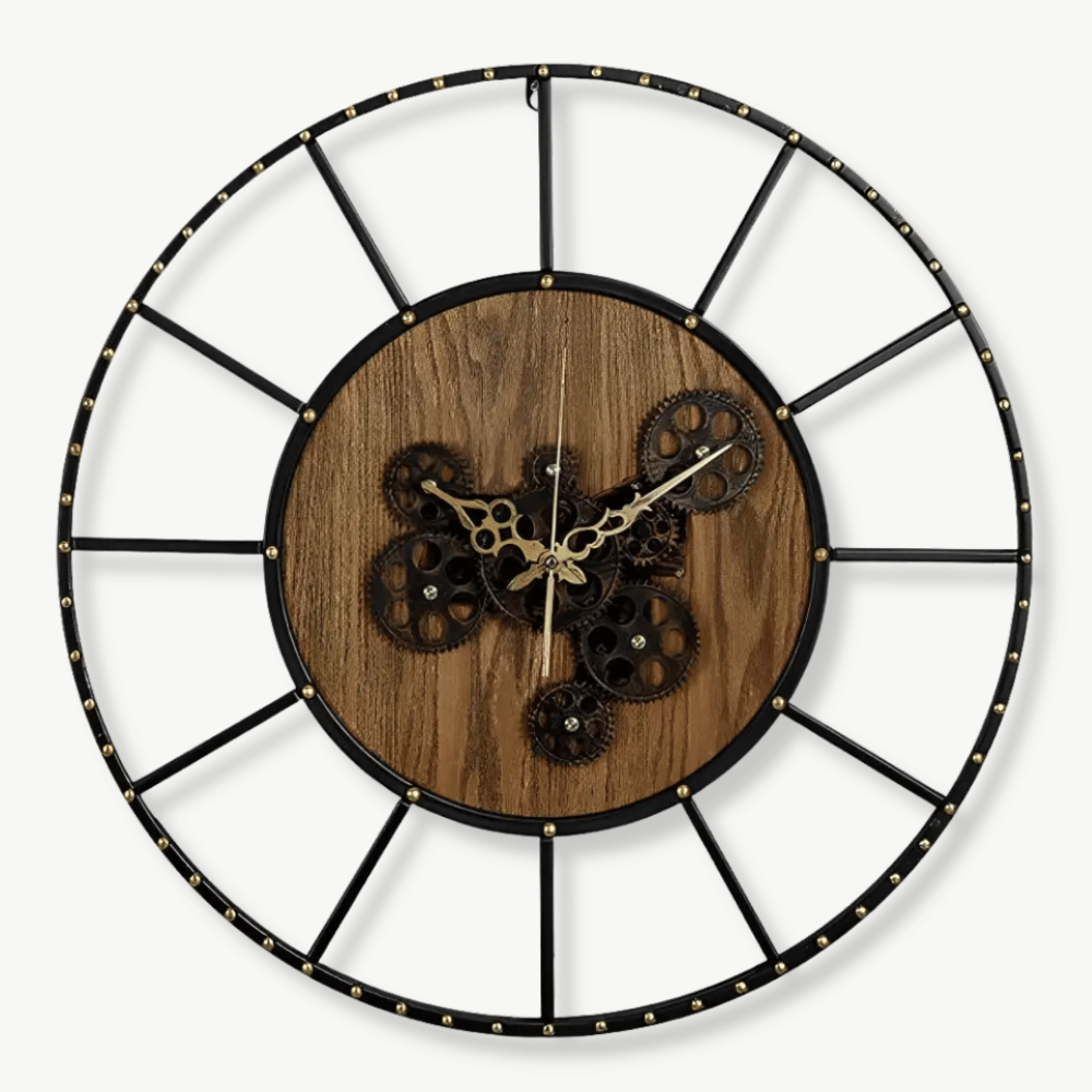 60 cm gear design wall clock in wood and metal on a white wall