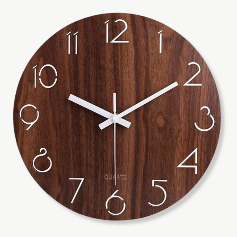 Classic round bamboo wooden wall clock 12 inch on living room wall