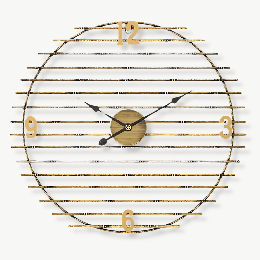 50 cm gold metal wall clock with silent quartz movement on a white wall