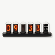 Animated retro Nixie tube clock with glowing glass tube digits on a desk