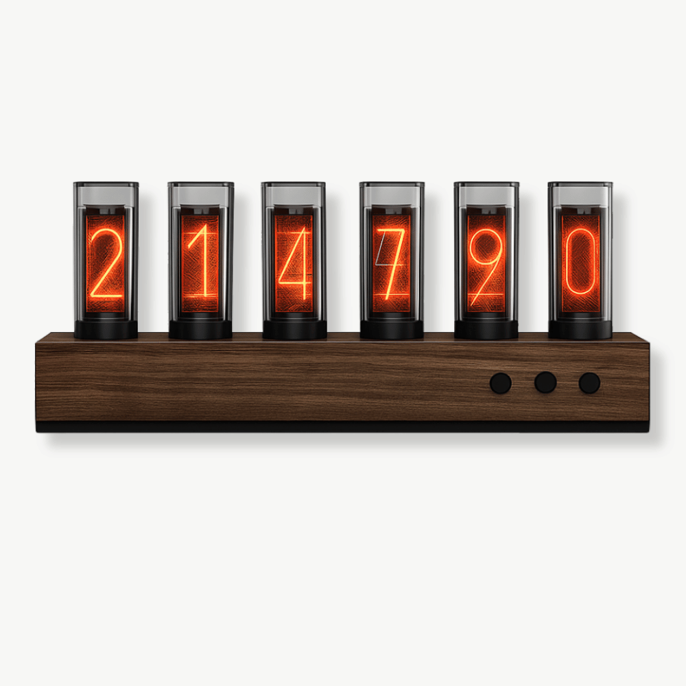 Vintage Nixie tube wood clock with glowing glass tubes on a desk