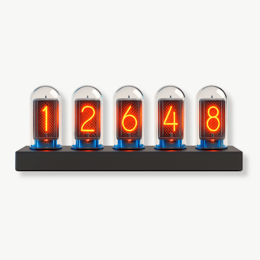 Futuristic Nixie LED clock with glowing LED digits on aluminum body