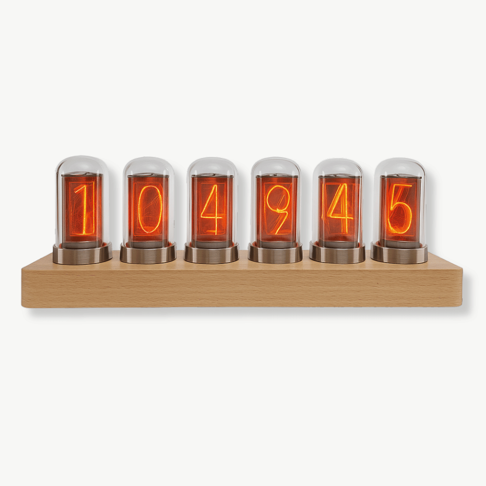 Modern Nixie tube clock with bamboo and wood frame on a desk
