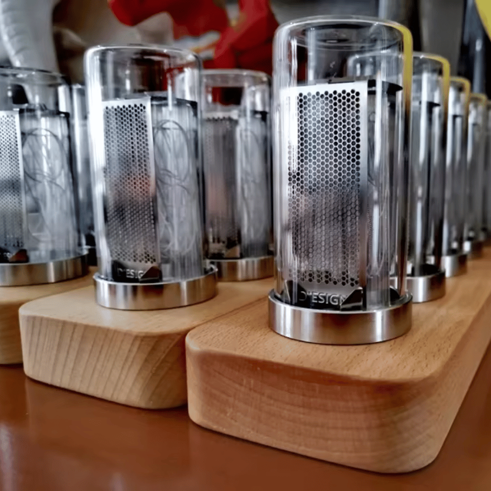 Close-up of glowing Nixie tube digits on retro digital clock