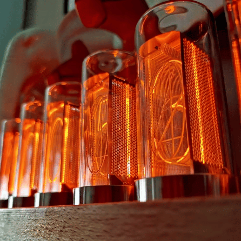 6-tube Nixie clock side view showing bamboo frame detail