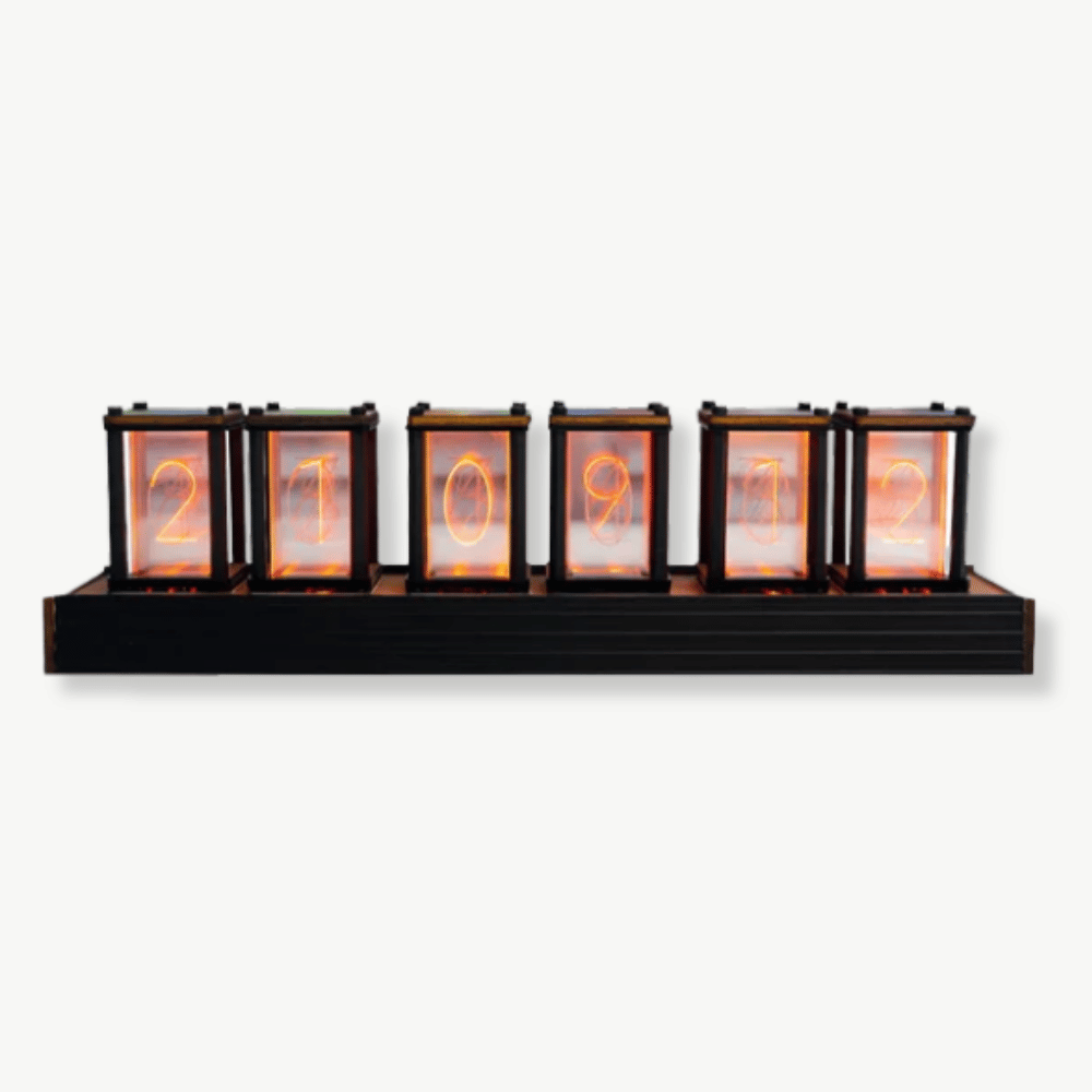 Retro Nixie tube desk clock in solid wood and metal showing glowing orange digits