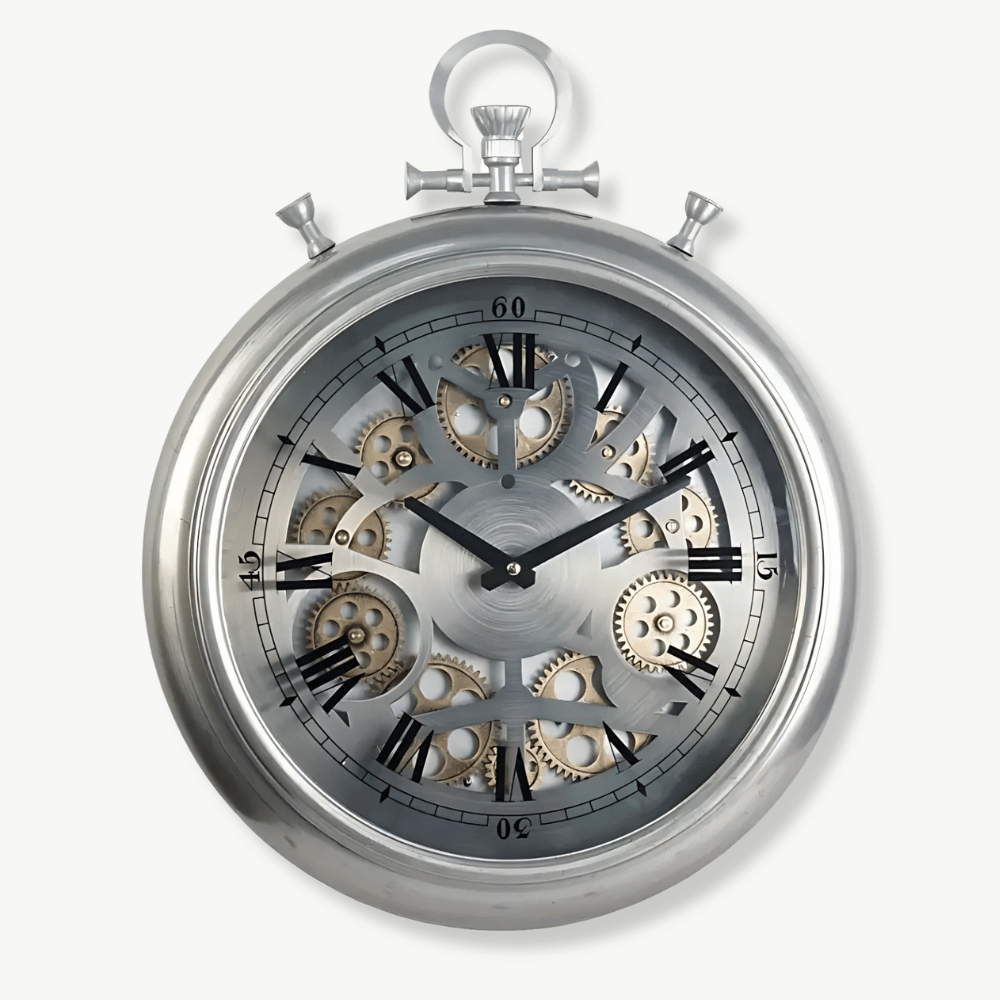 Turning gear wall clock with spinning mechanism and pocket watch design, 40 cm