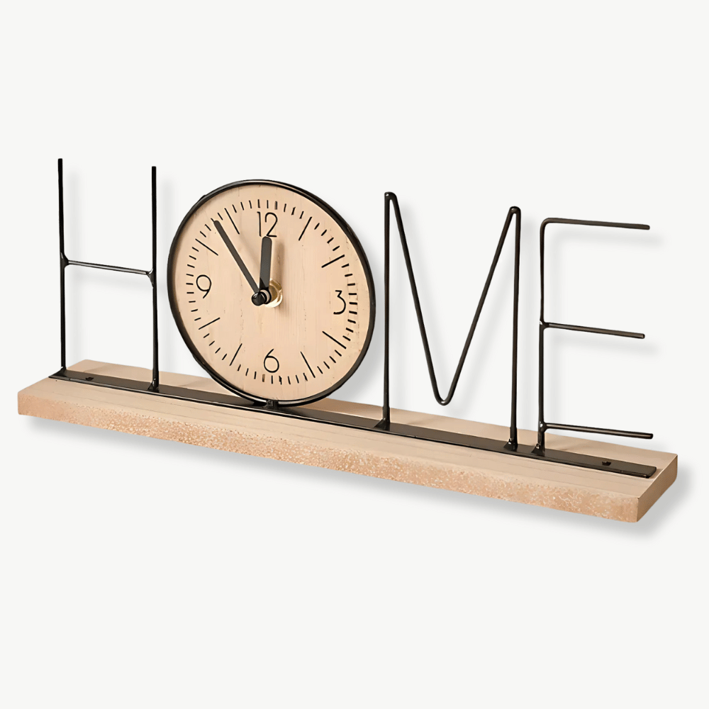 Industrial HOME letter tabletop clock with iron body and wood base on a desk