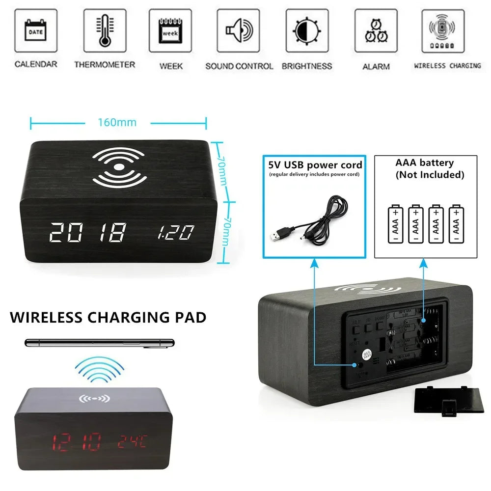 Bamboo finish LED alarm clock with wireless charging pad active
