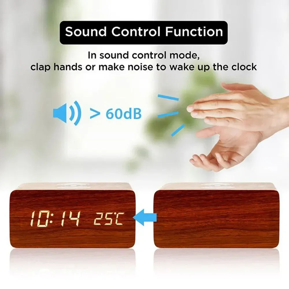 Black LED wood alarm clock with voice activation feature on desk