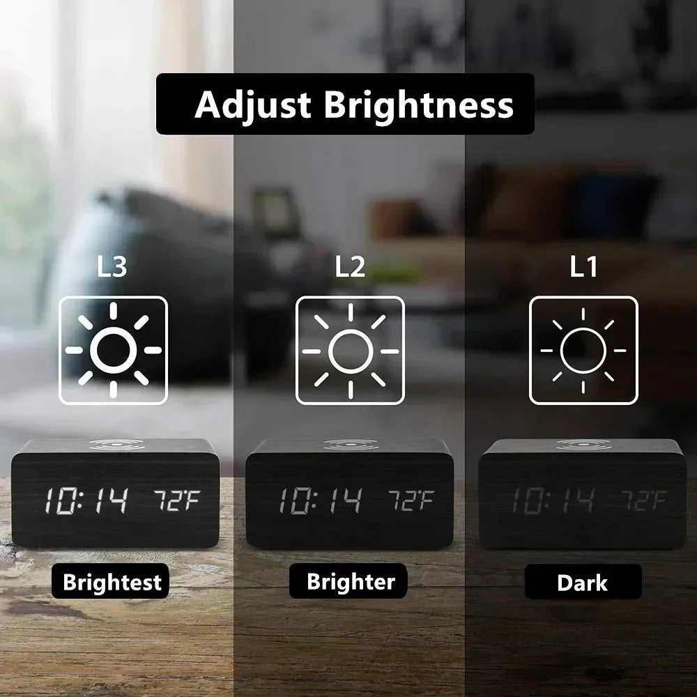 Four color options of LED wood alarm clock: Brown, Bamboo, White, and Black