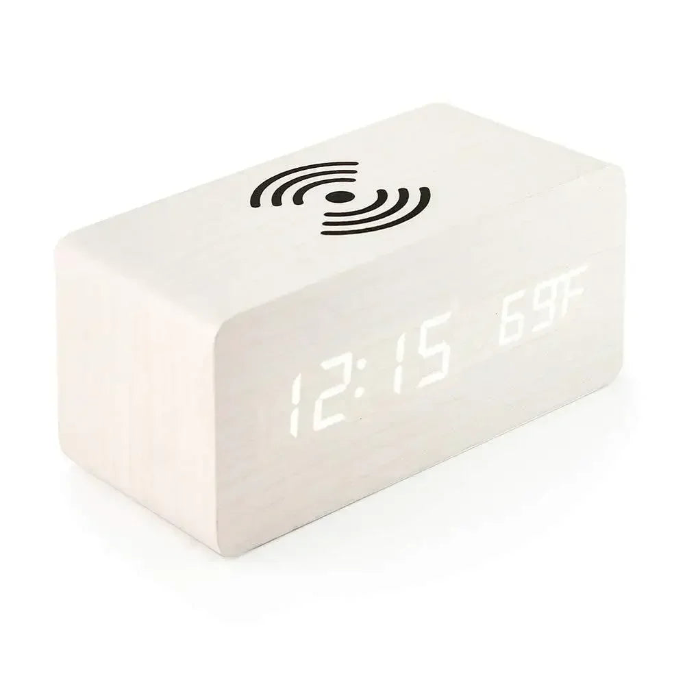 LED Wood Alarm Clock with Qi Wireless Charger and Temp Display