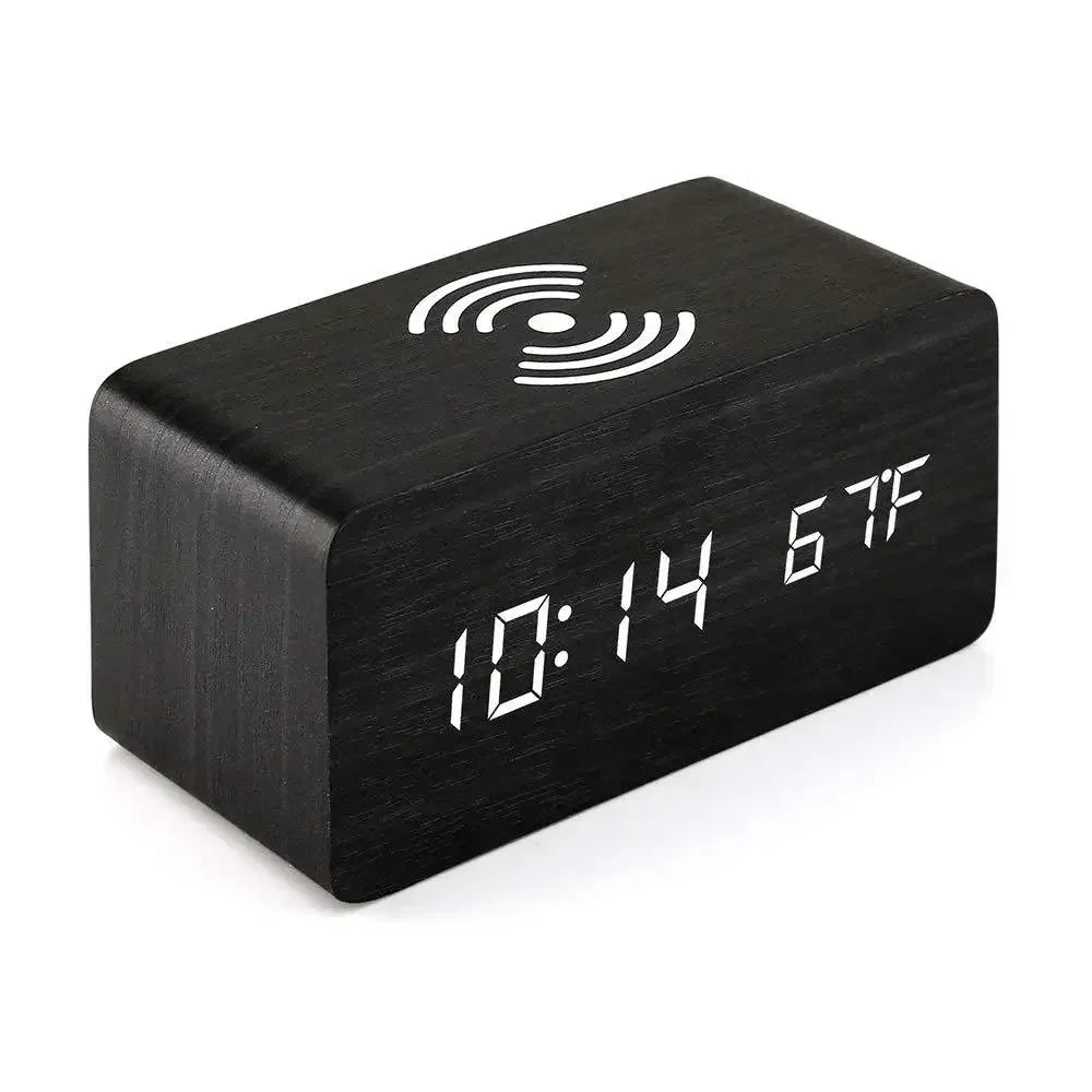 LED Wood Alarm Clock with Qi Wireless Charger and Temp Display