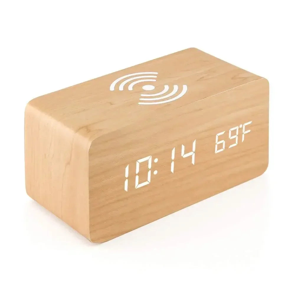 LED Wood Alarm Clock with Qi Wireless Charger and Temp Display
