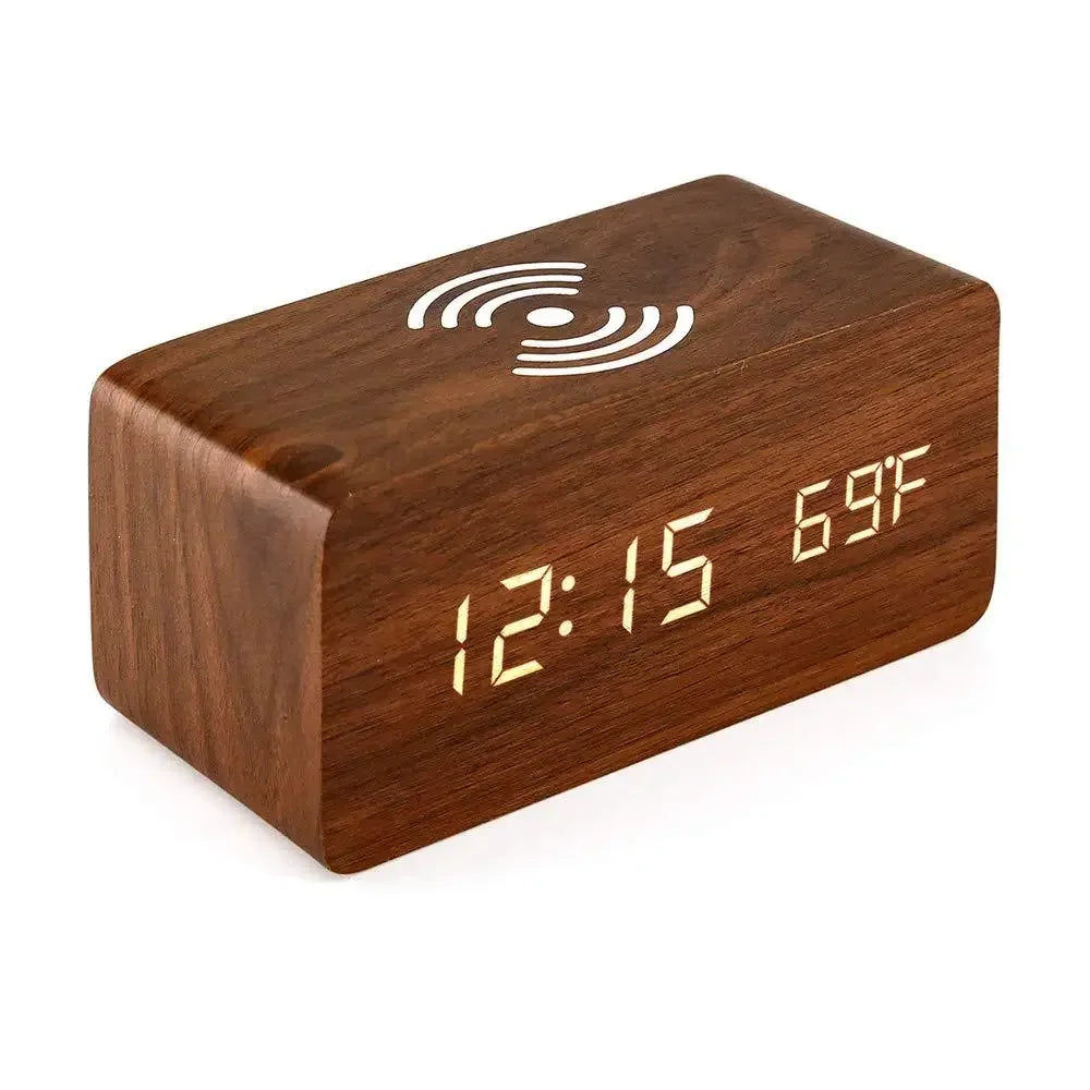 LED Wood Alarm Clock with Qi Wireless Charger and Temp Display