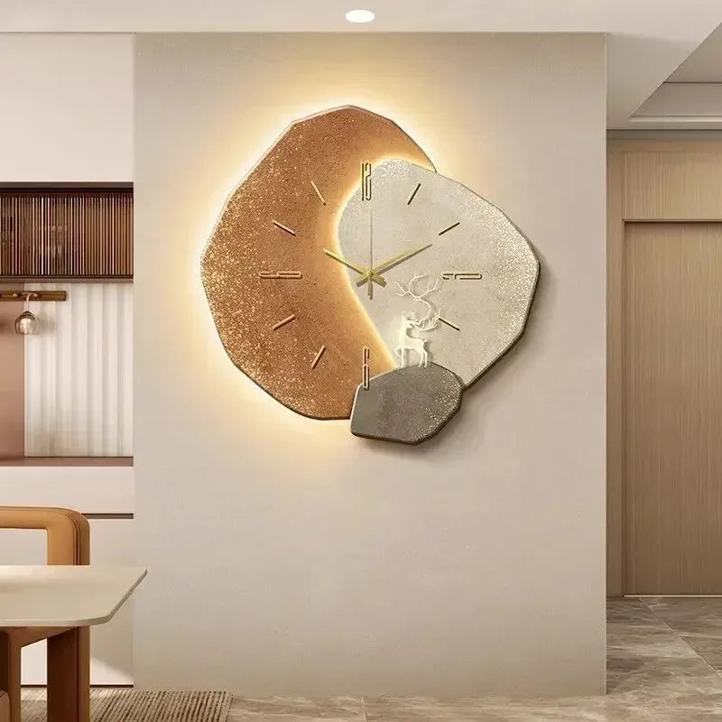 Close-up of glass and acrylic LED wall clock face with quartz hands