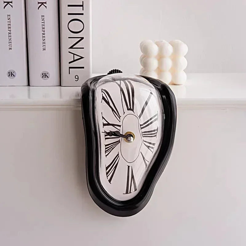 Surrealist wall clock in black finish displayed on interior wall