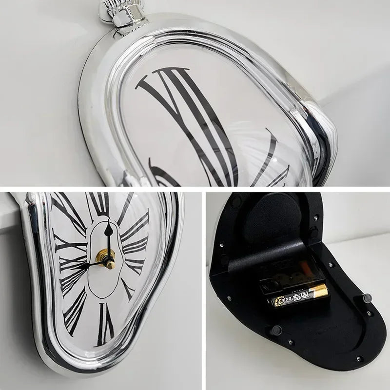 Side view showing 18x12x15 cm dimensions of surrealist mirror wall clock