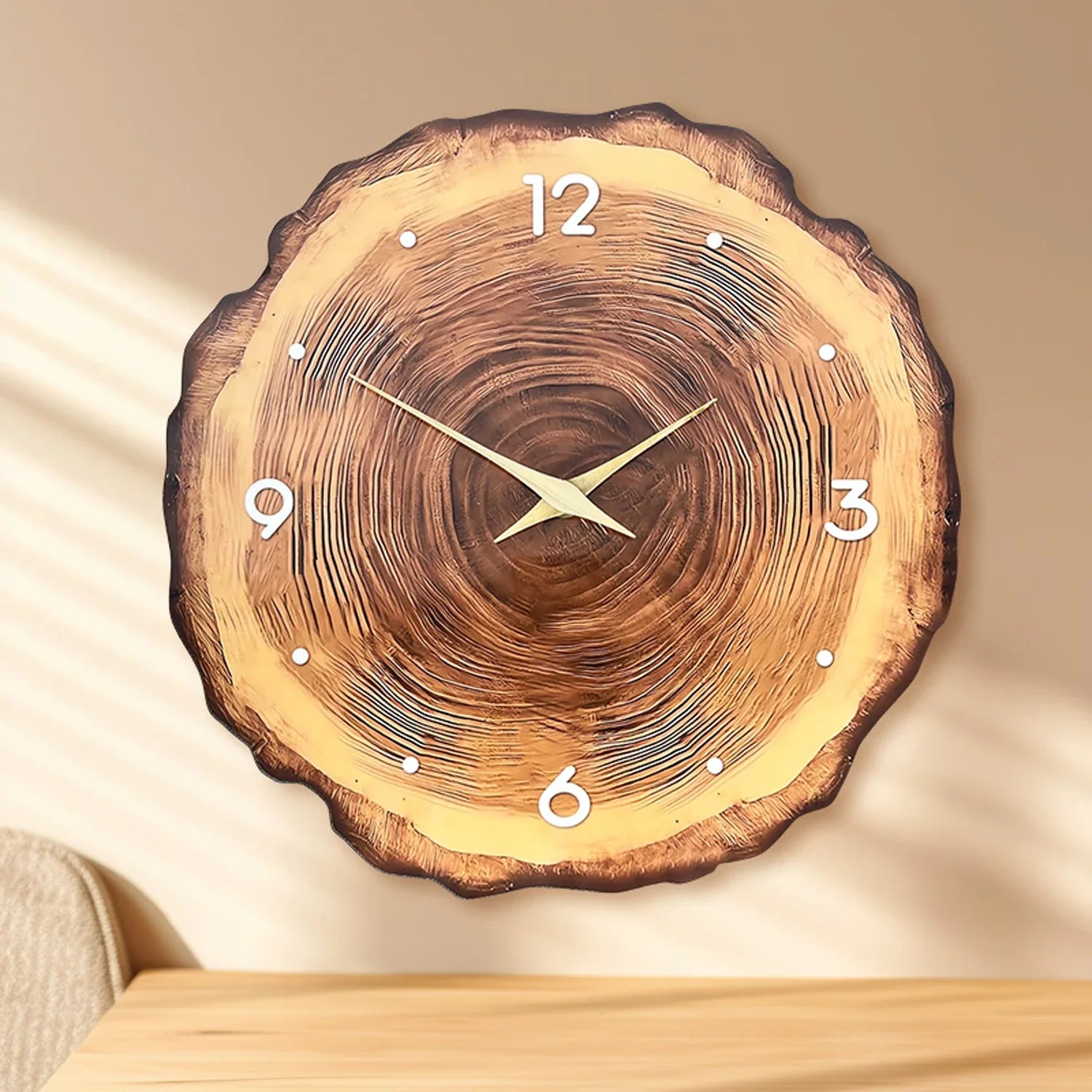 Natural wood wall clock with silent quartz movement hanging on a white wall