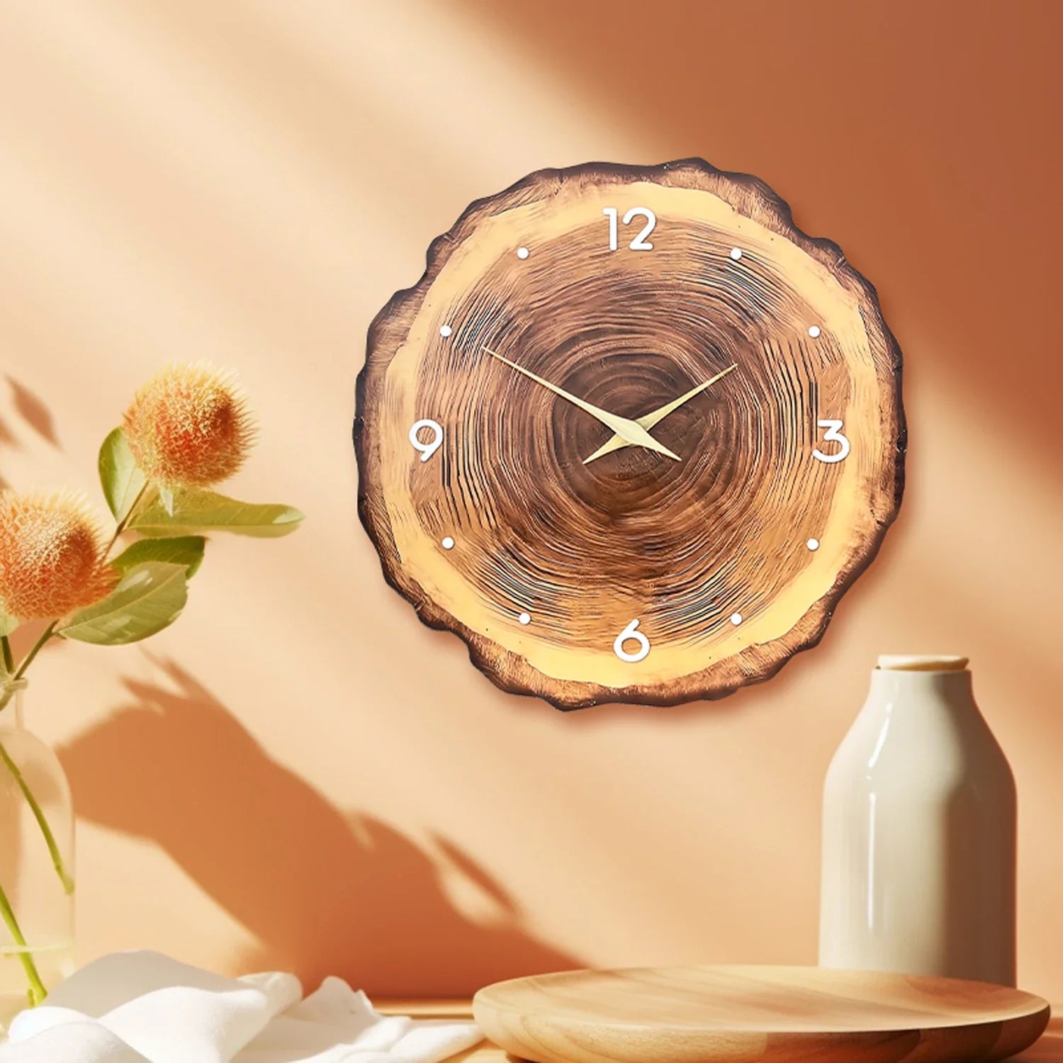 Close-up of wood veneer texture on a modern round wall clock