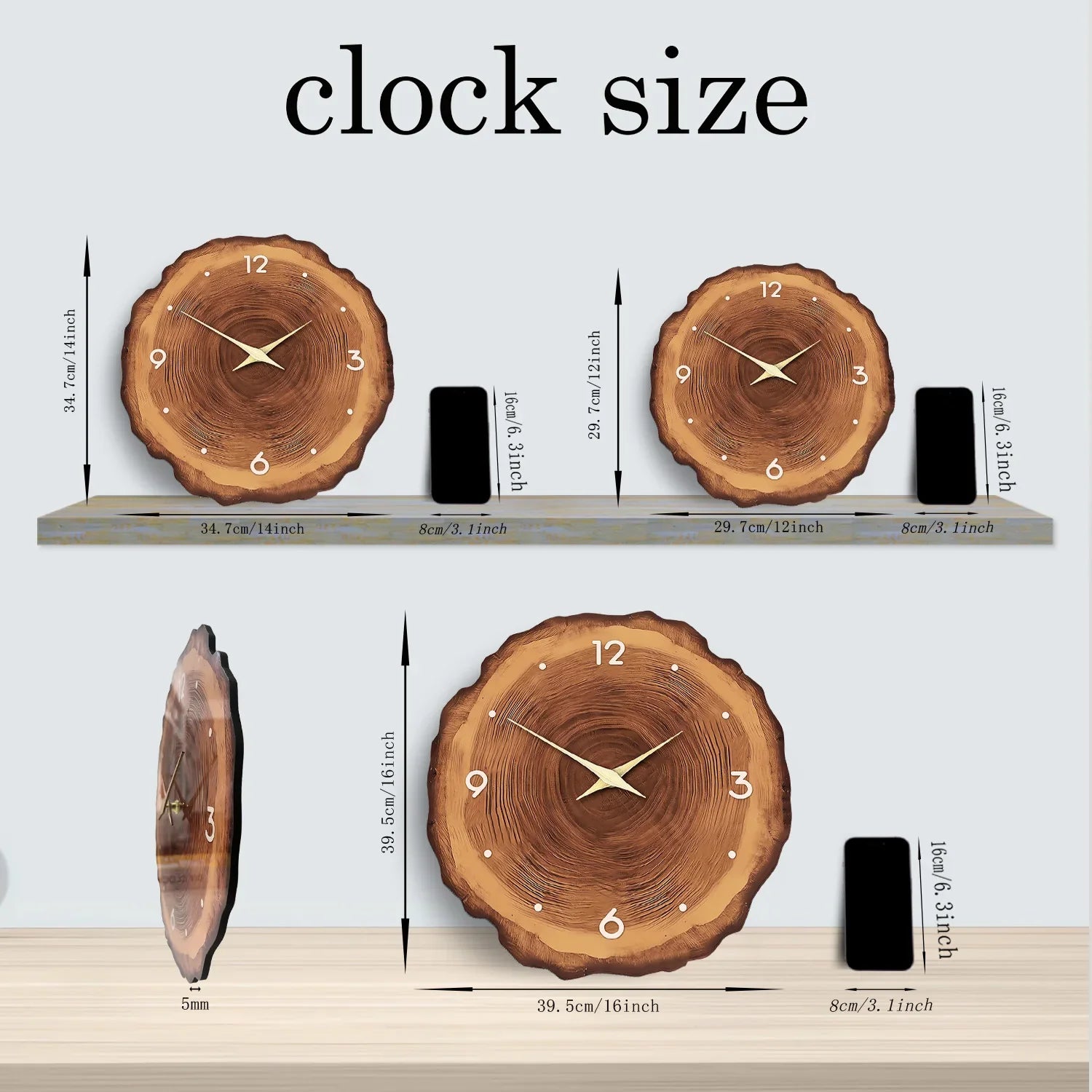Natural finish wooden wall clock in a minimalist living room setting