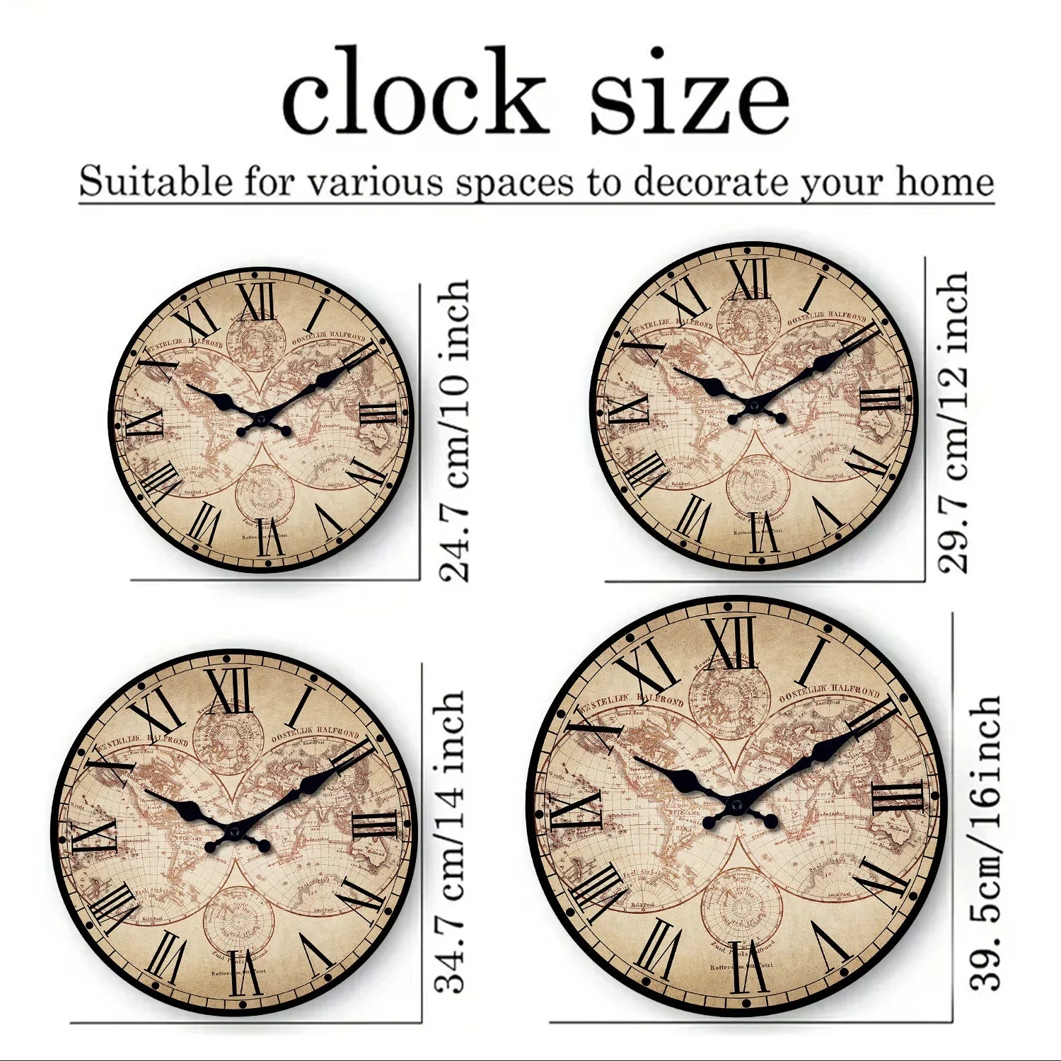 Close-up of compass motif on round wooden wall clock