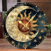 Round wooden wall clock with sun and moon celestial design