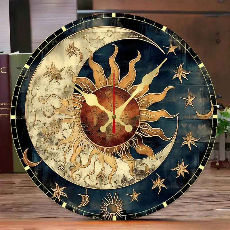 Round wooden wall clock with sun and moon celestial design