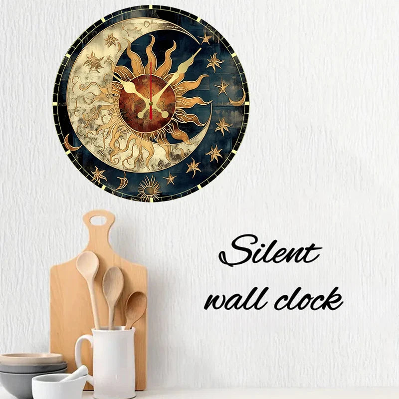 Close-up of sun and moon motif on natural wood clock face