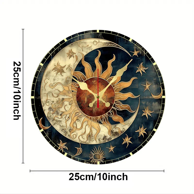 Wood Wall Clock with Sun and Moon Design - Silent Movement
