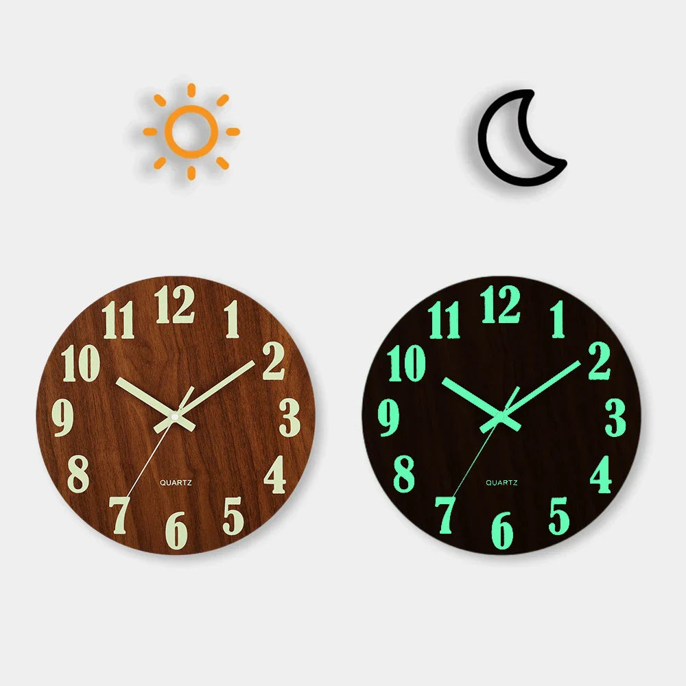 12-inch silent wooden wall clock with glow-in-the-dark numbers on a white wall