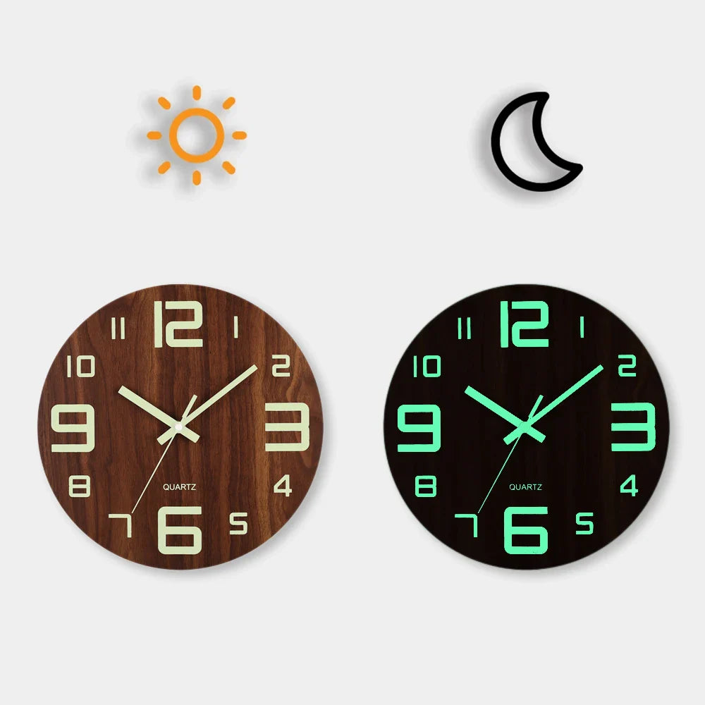 Close-up of luminous numerals on a dark brown wood wall clock