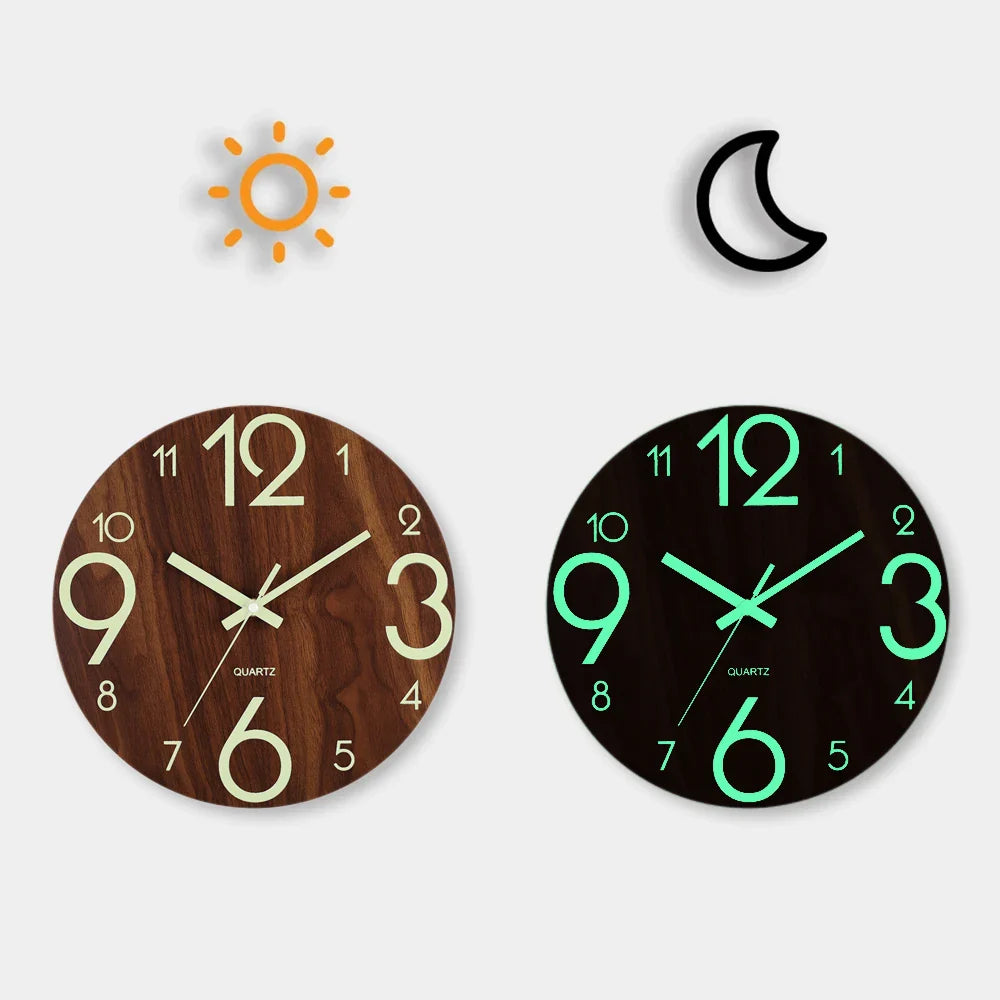 Nordic minimalist wood wall clock displayed in a modern bedroom