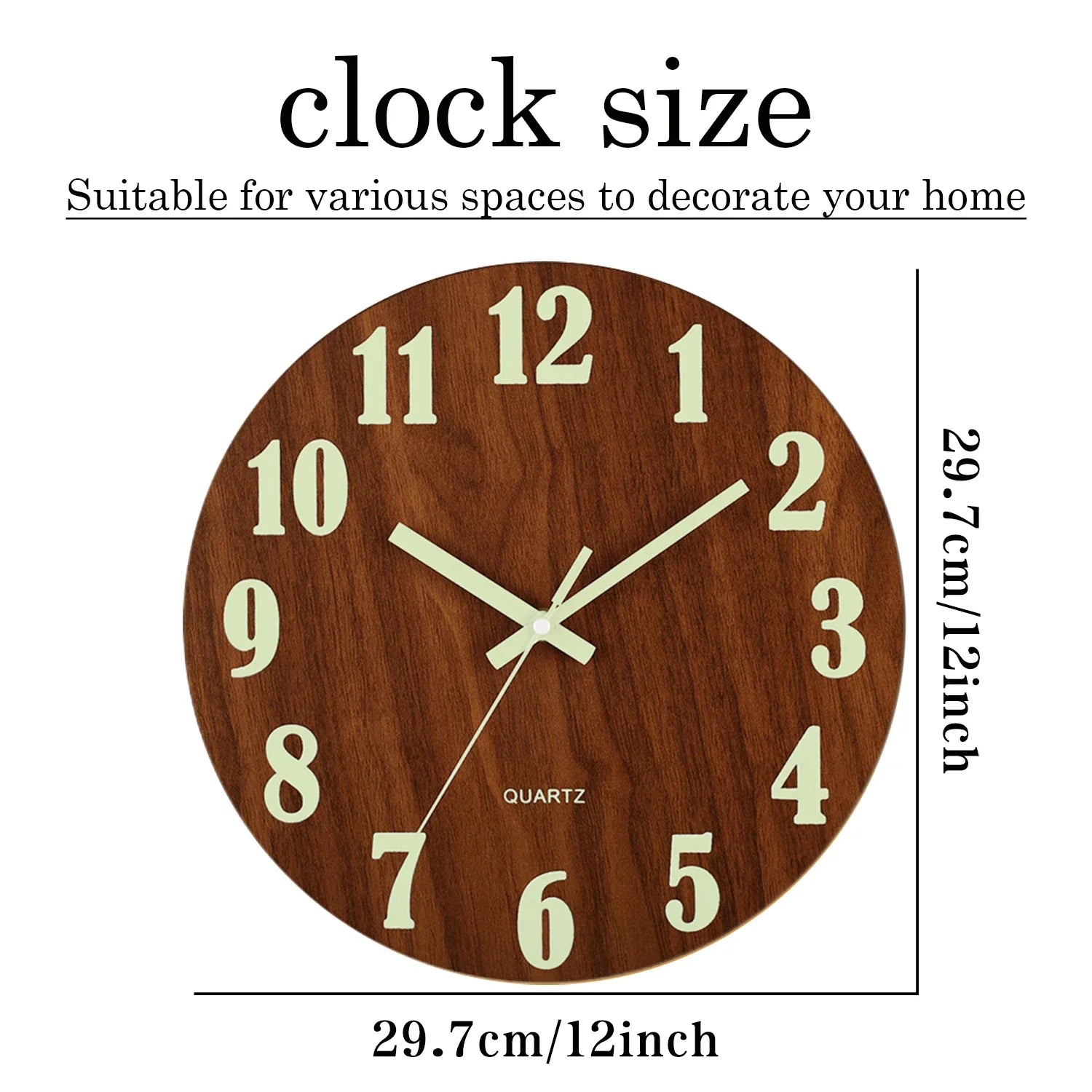 Silent quartz wood wall clock with veneer grain finish - front view