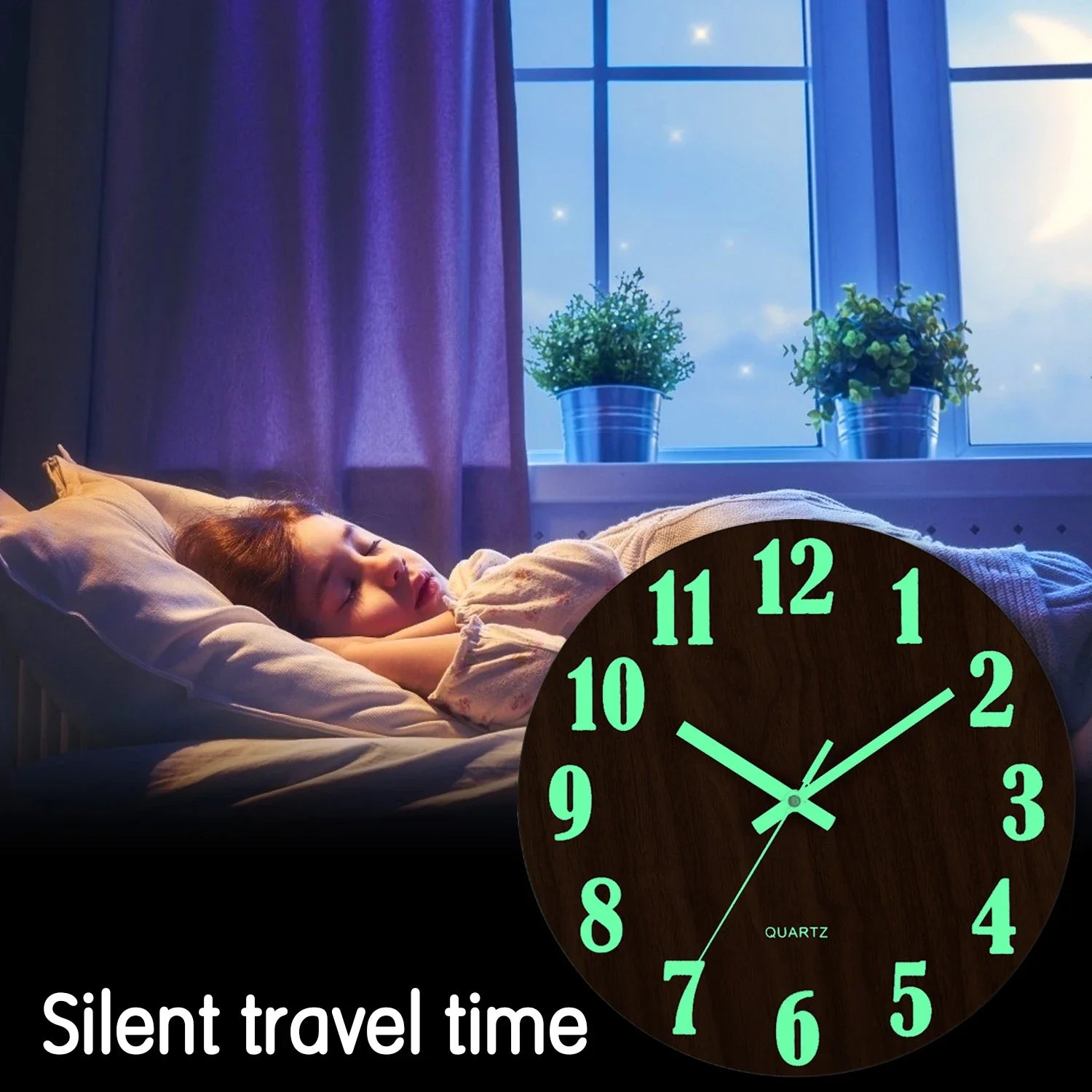 12-Inch Wood Wall Clock with Glow-in-the-Dark Numbers - Silent