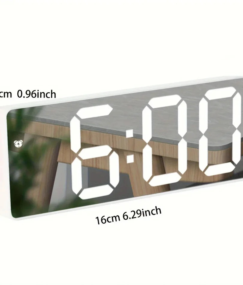 Compact black LED mirror clock with date and alarm display