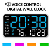 Digital wall clock showing time, date, temperature and day of the week in orange LED