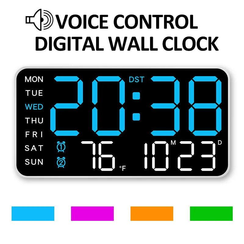 Digital wall clock showing time, date, temperature and day of the week in orange LED