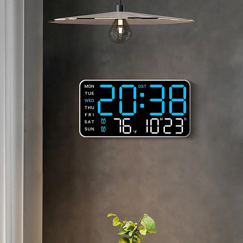 Blue LED digital wall clock mounted on a bedroom wall