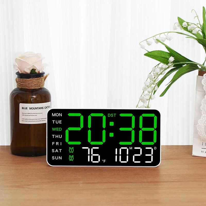 Close-up of digital wall clock display with brightness adjustment levels
