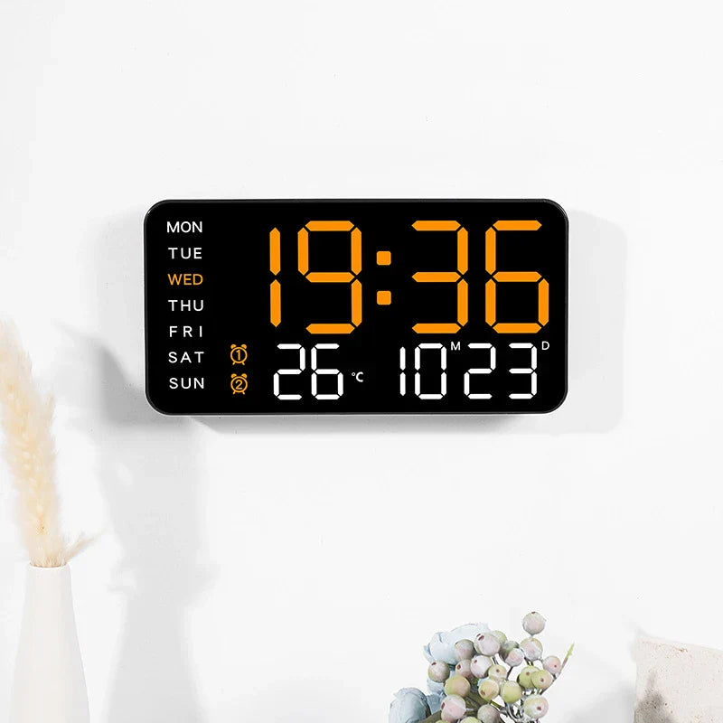 Purple digital wall clock with USB power cable and remote control