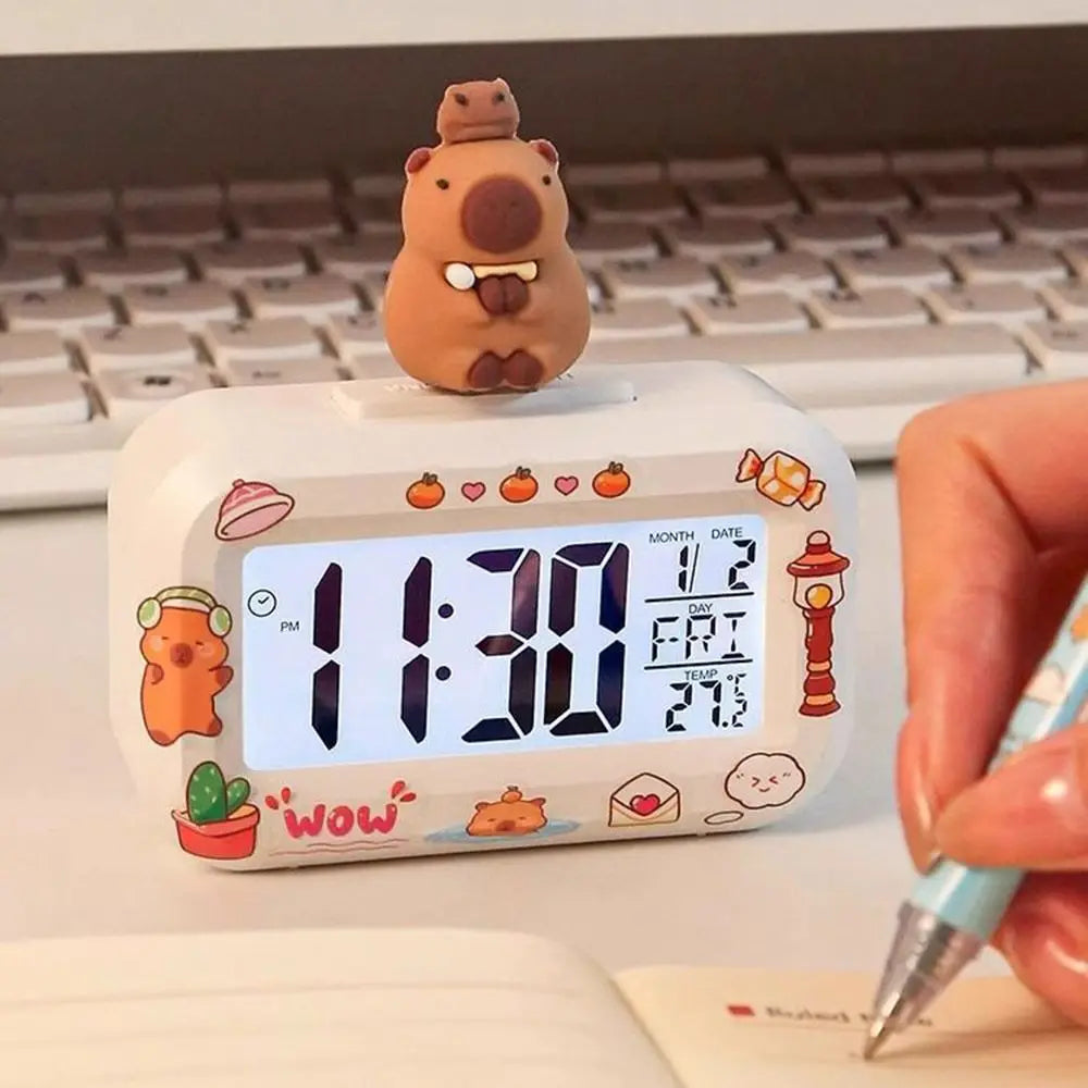Mini LED digital alarm clock with temperature sensor display on white background