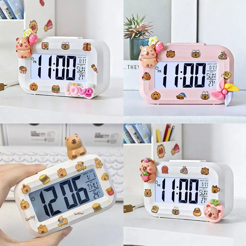 Battery-powered mini LED alarm clock in multiple style options