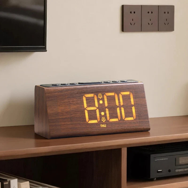 Close-up of HD LED display on natural wood alarm clock