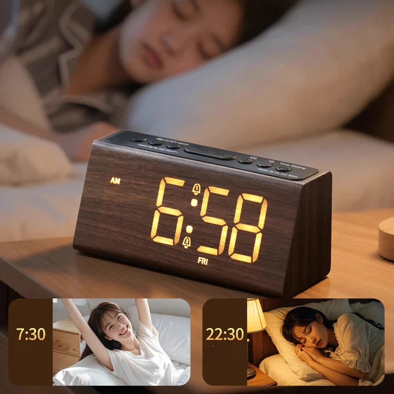 Light wood retro alarm clock on a bedside table