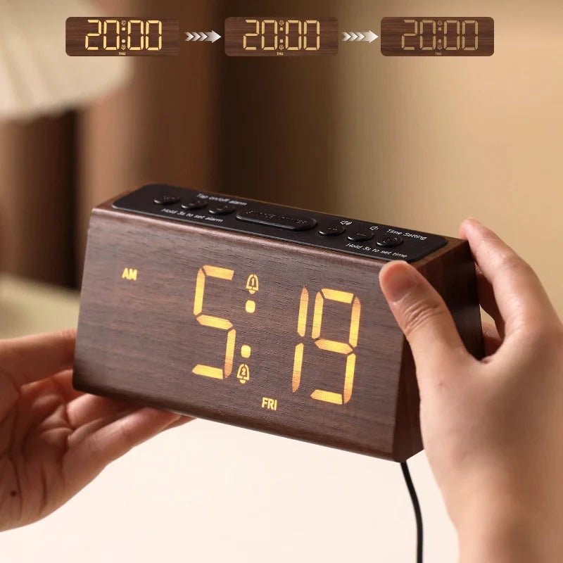 Compact wooden digital clock showing time with bright LED digits