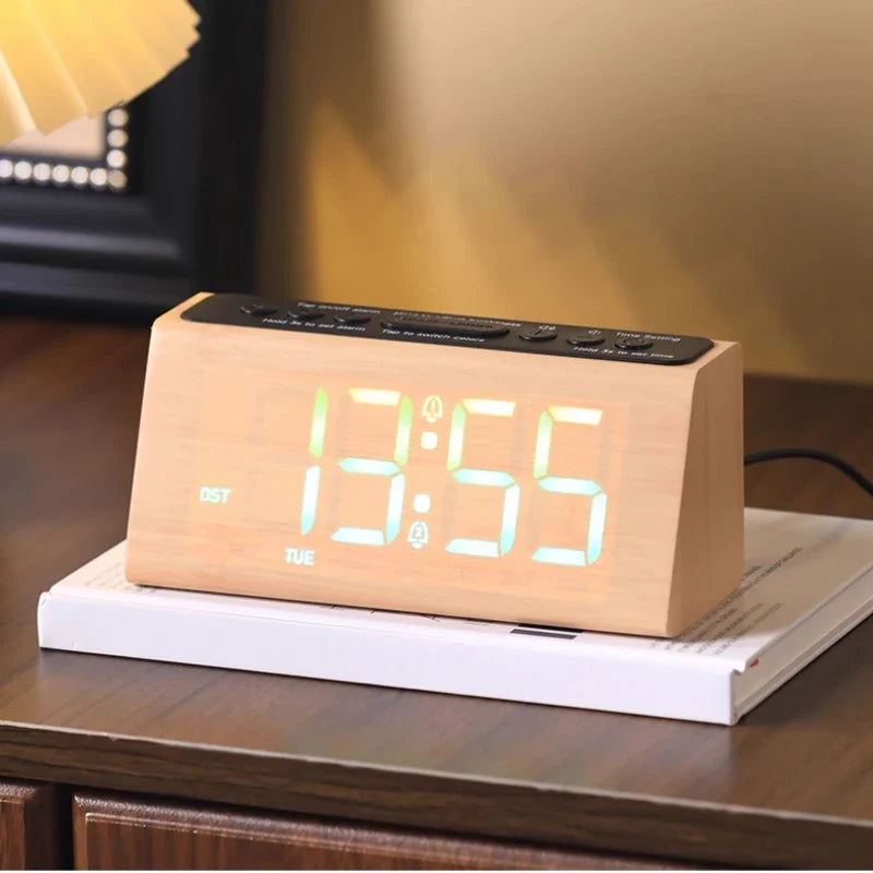 Dark wood and light wood alarm clock variants side by side